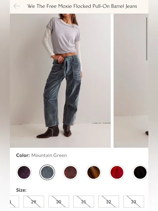 NWOT Free People We The Free Moxie Flocked Pull-On Barrel Jeans green blue 31 IR - Picture 9 of 13